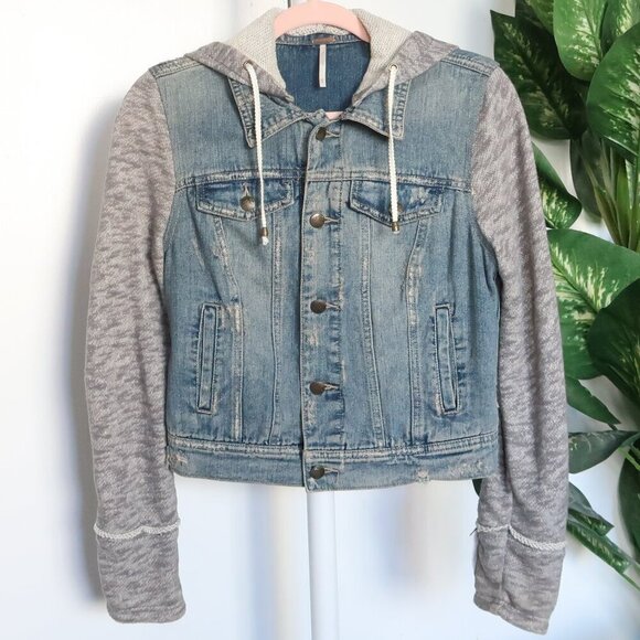 Free People Blue Denim Jean Heather Gray Knit Long Sleeve Hooded Jacket Size XS - Picture 4 of 12